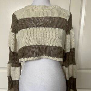 Pretty Garbage Tan White Cropped Striped Long Sleeve Sweater Size Small
